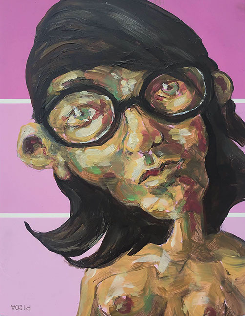 "Imaginary Nude with Glasses" by Jeff Wrench, acrylic on paint chip, 4" x 5", $100