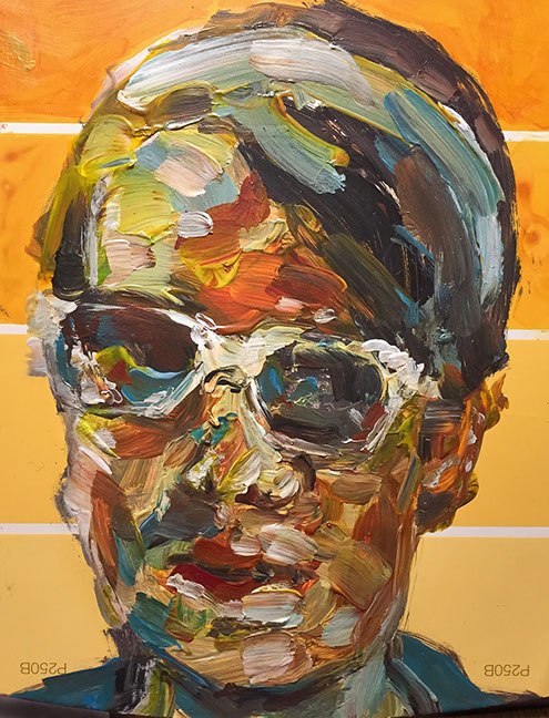 "Young Woman with Sunglasses" by Jeff Wrench, acrylic on paint chip, 4" x 5", $100
