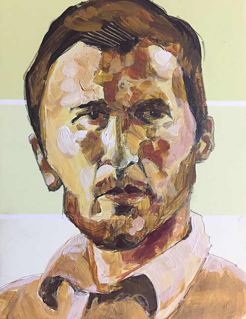 "Bearded Man in Monochrome" by Jeff Wrench, acrylic on paint chip, 4" x 5", $100