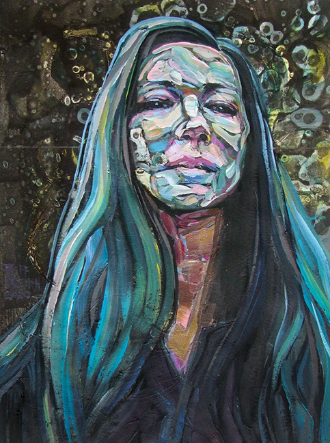 "Green Haired Woman" by Jeff Wrench, acrylic on wallpaper, 13" x 17", $340