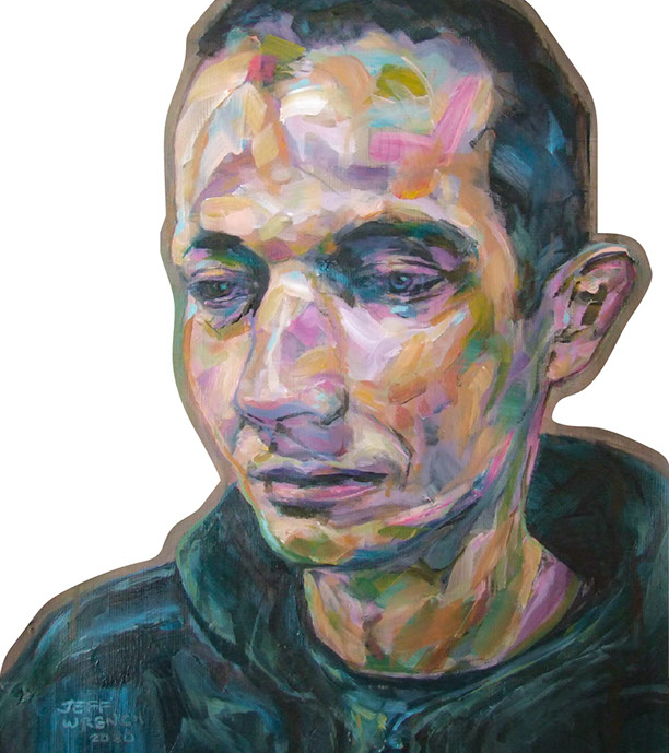 "Man in Blue Sweatshirt" (detail) by Jeff Wrench, acrylic on wallpaper, 14" x 17", $340