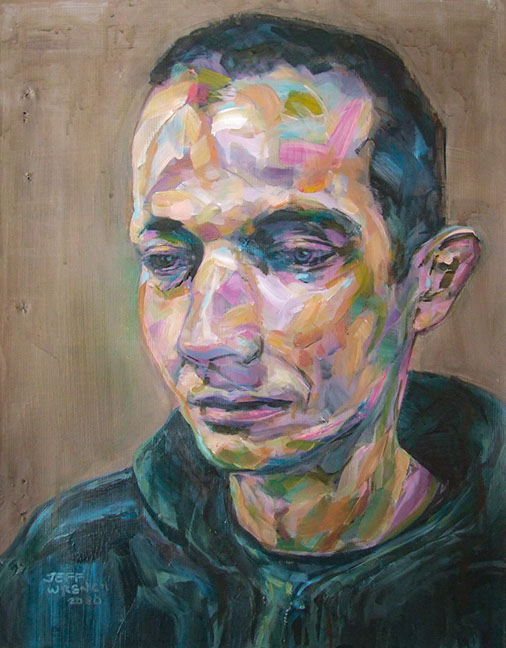 "Man in Blue Sweatshirt" by Jeff Wrench, acrylic on wallpaper, 13" x 17", $340