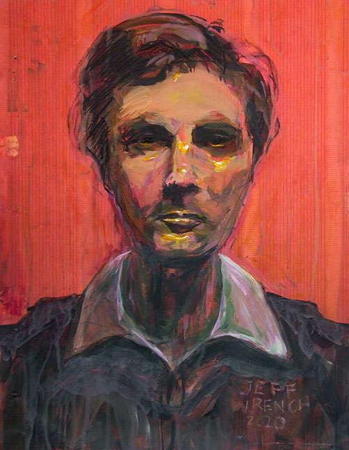 "Modigliani on Red" by Jeff Wrench, acrylic on wallpaper, 13" x 17", $340