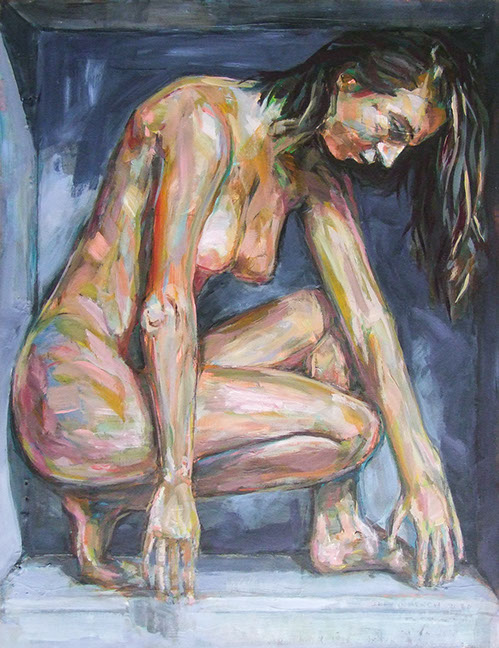 "Nude Box Pose" by Jeff Wrench, acrylic on wallpaper, 13" x 17", $340