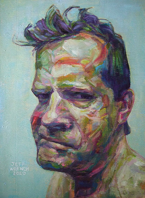 "Self-Portrait, Grimacing" by Jeff Wrench, acrylic on textured wallpaper, 13" x 18", $360