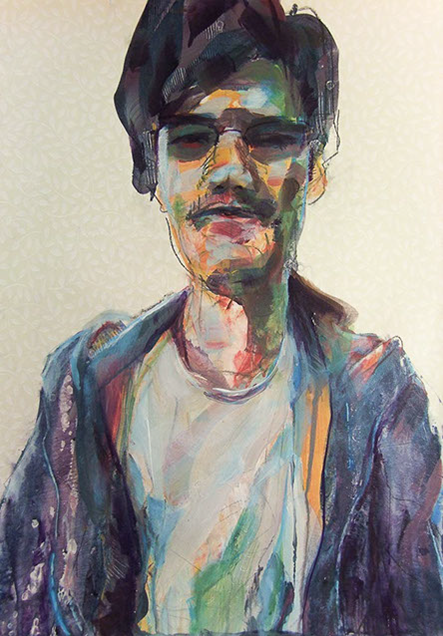 "Tristan 1" by Jeff Wrench, acrylic on wallpaper, 14" x 17", $340