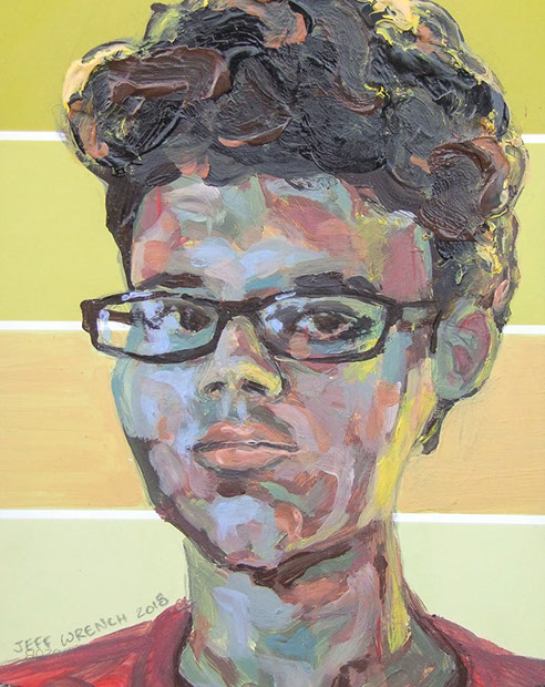 "Young Man with Glasses" by Jeff Wrench, acrylic on paint chip, 4" x 5", $100