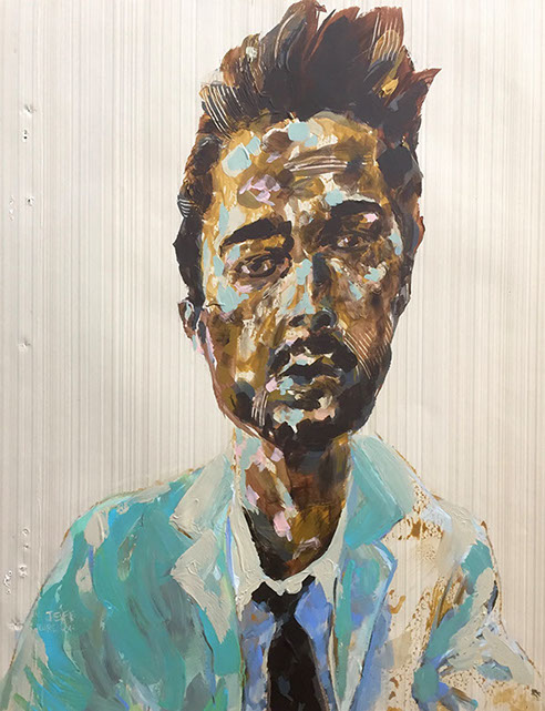 "Man in Suit 1" by Jeff Wrench, acrylic on wallpaper, 14" x 17", $340