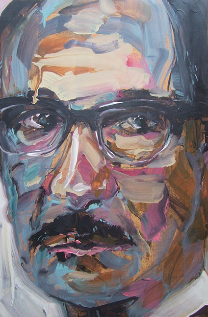 "Man from the 50's in the 60's" by Jeff Wrench, acrylic on wallpaper, 9" x 14", $280